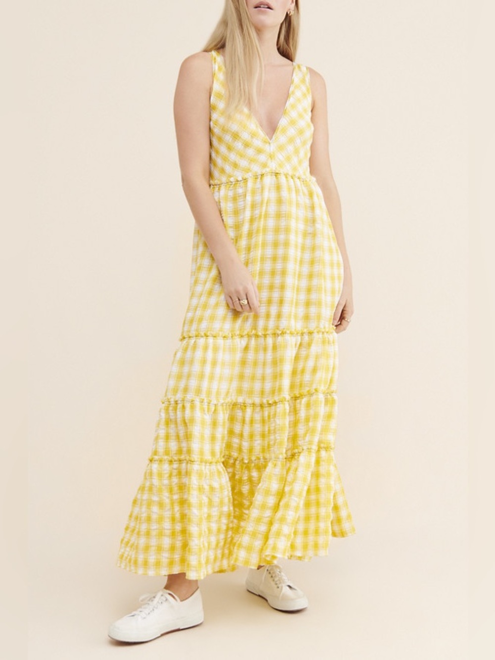 Free People Beach Club Maxi Dress Yellow Gingham Plaid Print V-Neck